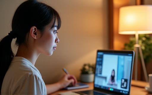 オンラインで日本語を学ぶ女性
